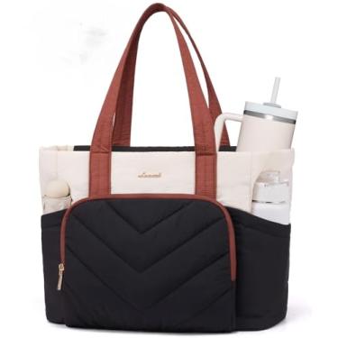 Imagem de LOVEVOOK Bolsa feminina acolchoada em V com zíper, grande bolsa de ombro para trabalho, viagem, enfermeira, professora, Marrom creme, preto, 17 inch-25L
