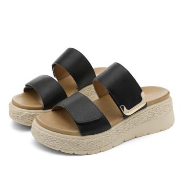 Imagem de UBFEN Sandálias femininas de plataforma de salto baixo, alpargata, confortável, suporte de arco, bico aberto, duas alças, elegante, casual, praia, verão, caminhada, sapatos, Preto, 35
