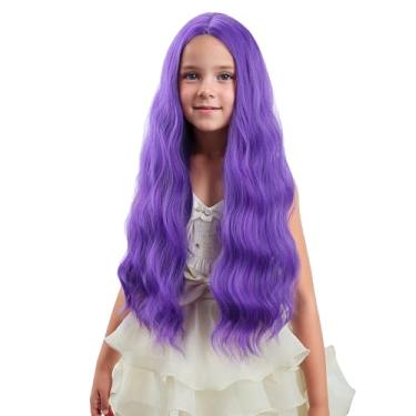 Imagem de WAVELNM Peruca feminina lavanda longa roxa peruca infantil encaracolado ondulado diário fantasia de Halloween perucas sintéticas para crianças