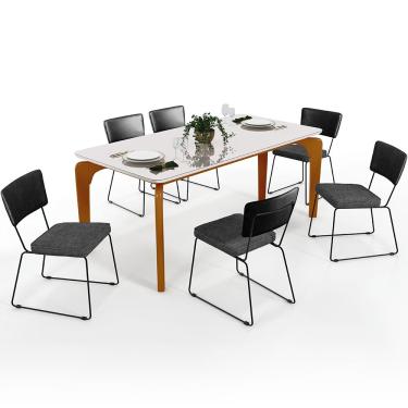 Imagem de Mesa Capri 160cm Off White E 6 Cadeiras Allana B05 Couríssimo Preto Linho Cinza Escuro - Lyam Decor