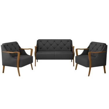Imagem de Conjunto Decorativo 2 Poltronas e 1 Namoradeira 2 Lugares Hand PU Preto - Gran Belo