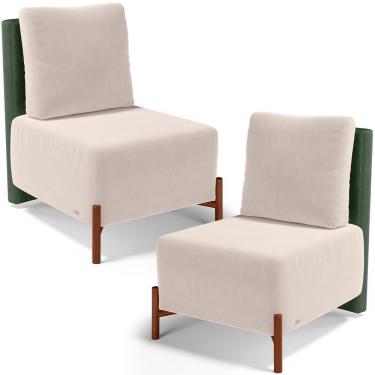 Imagem de Kit 02 Poltronas Decorativas Sala De Estar Living Pés Madeira Hungria Couríssimo Verde Suede Bege