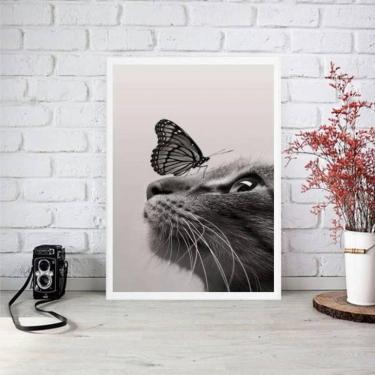 Imagem de Quadro Decorativo Gato Com Borboleta 24X18Cm Moldura Branca