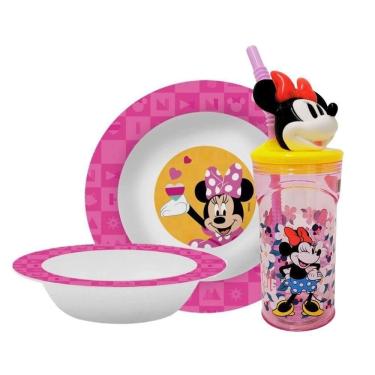 Imagem de Kit Refeição Infantil Minnie Disney 3 Peças Prato, Tigela E Copo 3d 360ml