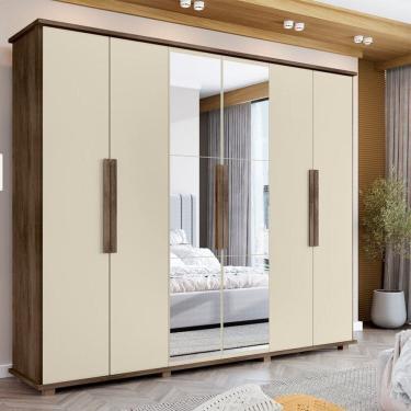 Imagem de Guarda-roupa Casal com 6 Portas com Espelho e 4 Gavetas Internas com Maleiro Canadá Freijo/ Off White