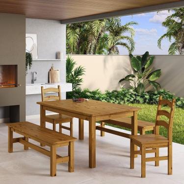 Imagem de Conjunto Mesa 160cm 2 Cadeiras e 2 Bancos Área Gourmet Madeira Maciça Ventimiglia Nogueira