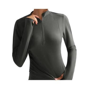 Imagem de Camiseta Feminina Slim Fit De Manga Longa Com Zíper Frontal, Bolso Tra