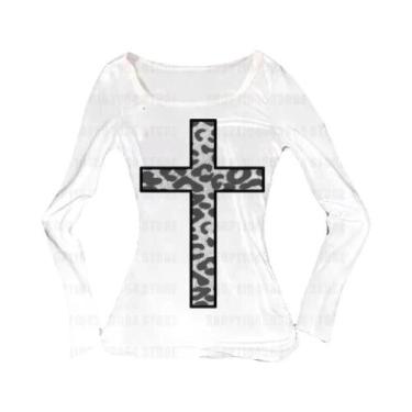 Imagem de Camiseta Feminina Gótica Com Estampa De Leopardo, Manga Comprida, Casu