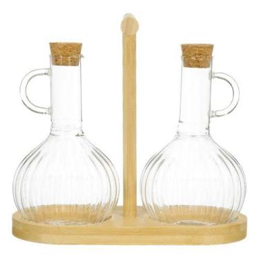 Imagem de Conjunto 2 Galheteiros Vidro Suporte Bambu Azeite Vinagre Cozinha - PG
