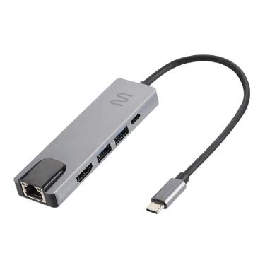 Imagem de Adaptador USB-C para RJ45 - HUB Dock USB 5 em 1 - HDMI 4K - Power Delivery - Multilaser AC447