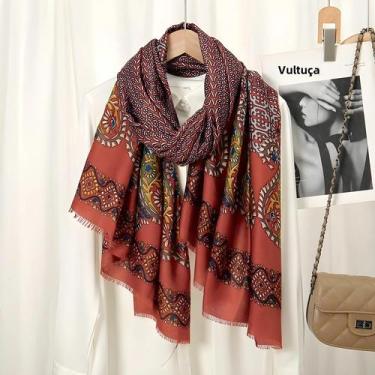 Imagem de Xale De Inverno Com Estampa Azteca Floral E Franjas, Pashmina 180x90cm