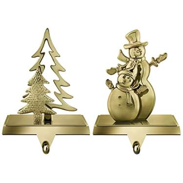 Imagem de MCEAST 2 peças de suportes de meias de Natal, boneco de neve e árvore de Natal, ganchos para decoração de Natal, bronze
