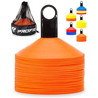 Imagem de Cones Pro Disc (conjunto de 50) – Cones de futebol de agilidade com bolsa de transporte e suporte para treinamento esportivo, futebol, basquete, treinamento, equipamento de prática, crianças – Inclui 15 melhores livros de brocas (laranja brilhante)