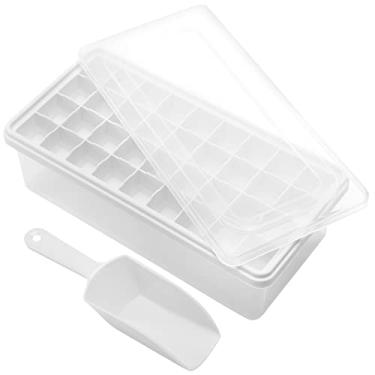 Imagem de Bandeja de gelo de silicone de grau alimentício com tampa e cesto de armazenamento para freezer, bandeja de gelo pequena de 36 pepitas de fácil liberação com tampa e balde resistentes a derramamentos, moldes de cubo de gelo flexíveis com recipiente de gelo, tampa de colher