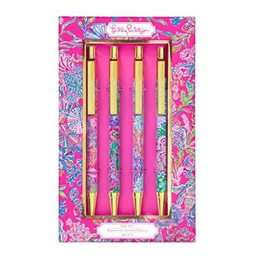 Imagem de Lilly Pulitzer Conjunto de 4 canetas de tinta preta, canetas retráteis para casa ou escritório, canetas de plástico coloridas, Shell Me Something Good (sortidas)