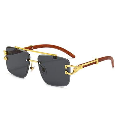 Imagem de Óculos de sol quadrado sem aro com impressão em madeira retrô feminino designer de luxo decoração leão dourado óculos de sol masculino sombras Oculus, preto, A