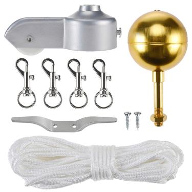 Imagem de Yaegoo Kit de peças de reparo de hardware para mastro de bandeira de 1,5 m, bola dourada com topo de 7,6 cm, gancho de grampo de 15,2 cm com 2 parafusos, 4 clipes de pressão giratórios para mastro de bandeira e caminhão de polia para topo de 5 cm