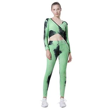 Imagem de Yajun Tie-dye roupa de ioga feminina tops de manga comprida cintura alta leggings de elevação de bumbum respirável stretch fitness ciclismo roupas esportivas, verde, GG (peito: 43cm)