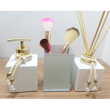 Imagem de Kit Lavabo Dispenser Saboneteira Aromatizador Porta Escova De Dentes Em Vidro Organizadores Para Banheiro Branco e Dourado-Luiggi Presentes®
