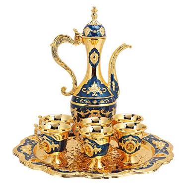 Imagem de Conjunto de bule de café turco de metal vintage conjunto de chá turco com 6 xícaras de café de luxo e bandeja de chá artesanal bule para servir chá zamzam café cappuccino(Blue)