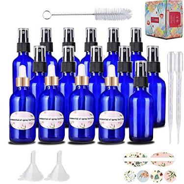 Imagem de 16 Embalagem Frascos de spray âmbar de 30 ml com pulverizador de névoa fina e tampa de poeira para óleos essenciais, perfumes, produtos de limpeza. Inclui 1 pincel, 2 pulverizadores extras, 2 funis, 3 conta-gotas e 24 rótulos. (Azul)
