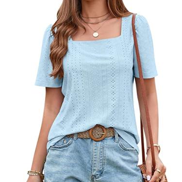 Imagem de Camiseta feminina de verão manga curta ajuste solto blusa manga quadrada oca doce camisa tops para usar com leggings, azul1, P