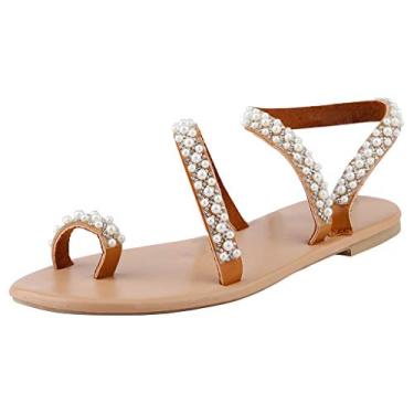 Imagem de Sandálias femininas sensuais de cristal casuais de verão com pérola sandálias planas modernas sandálias femininas para mulheres sexy, Marrom, 5.5