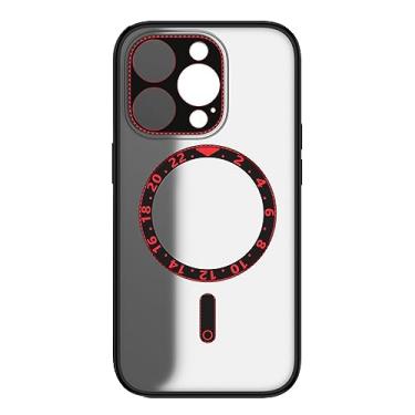 Imagem de HAZARA Capa fina para iPhone 14 Pro Max/14 Plus/14 Pro/14, capa de proteção de lente de liga, capa traseira de disco magnético para relógio, vermelha, 14 Plus de 6,7 polegadas