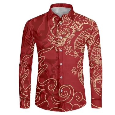 Imagem de Gzzxiailg Camisa masculina de manga comprida com botões e colarinho blusa de secagem rápida roupas estampadas, Dragão dourado vermelho, M