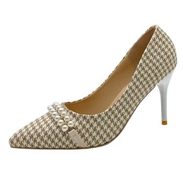 Imagem de Sapatos femininos moda mil pássaros xadrez sapatos únicos corrente pérola salto fino alto sapatos casuais para mulheres, Branco, 7.5