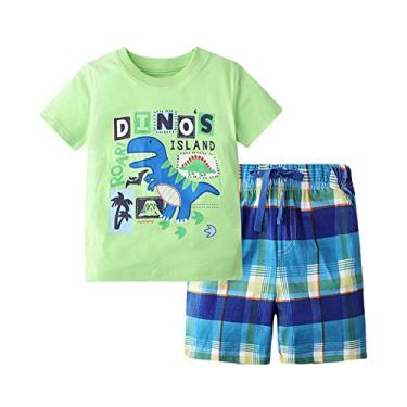 Imagem de Roupas para meninos tamanho 3 4t infantil meninos manga curta desenho dinossauro estampas camisetas tops shorts roupas infantis, Verde, 3-4 Years