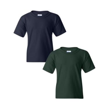 Imagem de Gildan Camiseta juvenil de algodão pesado, estilo G5000B, pacote com 2, Azul-marinho - verde (forest green), X-Small