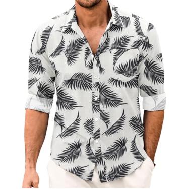 Imagem de COOFANDY Camisa masculina casual com botões e manga comprida de cambraia de linho, Folhas impressas brancas, GG