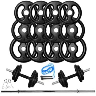 Imagem de Kit Musculação 40Kg Anilhas E Barras + Corda Treino Em Casa