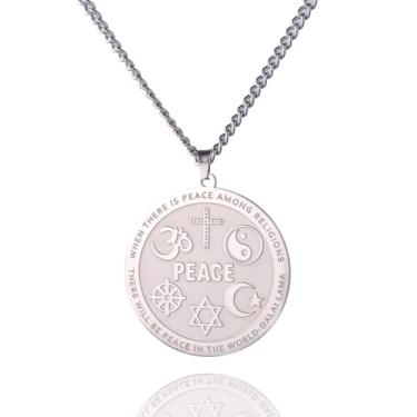 Imagem de VASSAGO Colar com cruz Yin Yang Coexist in Peace Colar com roda e estrela de Davi, colar com pingente de lua crescente Om para homens e mulheres, Aço inoxidável, Sem Pedra Preciosa