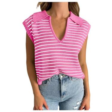 Imagem de Camiseta feminina de manga curta listrada grande gola redonda camiseta casual verão camiseta túnica listrada rosa e verde, 017 Rosa choque, P