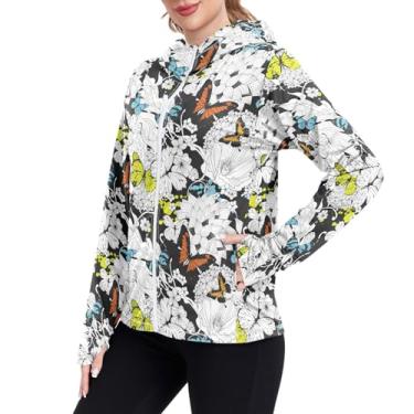 Imagem de JUNZAN Camisas de sol femininas flores borboletas FPS 50+ camisas de pesca de manga longa para mulheres caminhadas e corrida, Flores e borboletas, M