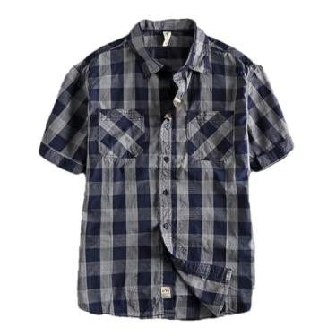 Imagem de Camisa masculina xadrez clássica de manga curta tendência diária de verão camiseta de algodão lavado meia manga, Azul, P