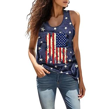 Imagem de Camiseta regata feminina de 4 de julho com estampa da bandeira dos EUA, sem mangas, gola redonda, camiseta de festa de dia independente, Azul marino, XXG