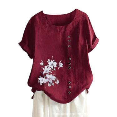 Imagem de Blusa feminina de linho de verão folgada, casual, estampa floral, manga curta, gola redonda, botões, Vinho, M