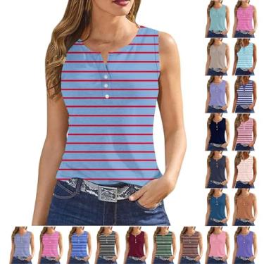 Imagem de PKDong Camiseta regata feminina, gola V, abotoada, listrada, patchwork, sem mangas, blusa casual de verão para mulheres, A02 azul-marinho, P