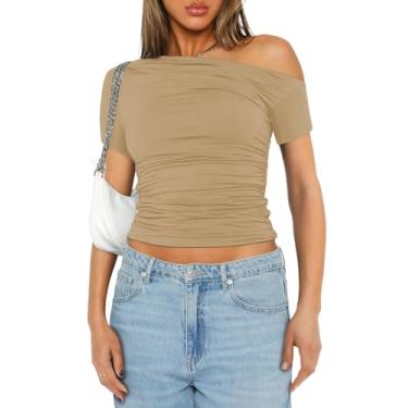 Imagem de Imily Bela Camiseta feminina com ombros de fora, manga curta, caimento justo, franzida, cropped de verão, Caqui, G