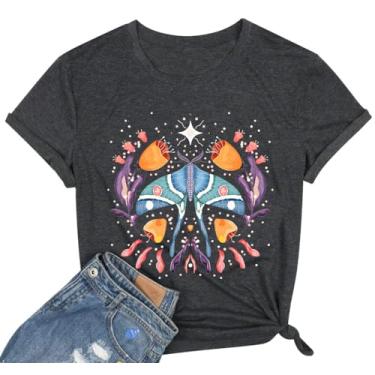Imagem de Camiseta feminina com estampa floral de mariposa e lua boêmia, retrô, botânica, amante da natureza, verão, férias, Preto, cinza, M
