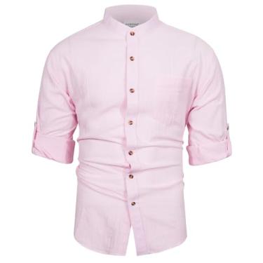 Imagem de fohemr Camisa masculina casual de linho, gola canelada, abotoada, manga comprida, lisa, algodão, elegante, camisa de praia com bolso, 07 rosa, P