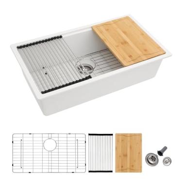 Imagem de Dcolora Pia de cozinha branca composta de granito de 81 cm, pia de quartzo para estação de trabalho de tigela única, 81 cm L x 48 cm P x 25 cm A #DC-GU7755