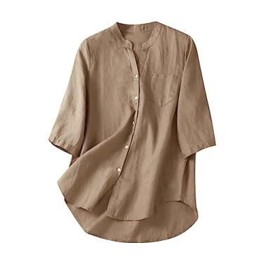Imagem de Camiseta feminina de linho, cor sólida, manga 3/4, gola V, botões, caimento solto, casual, túnica, camisa de verão, Caqui, XXG