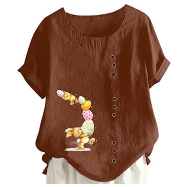 Imagem de Camiseta de Páscoa feminina de linho com estampa de coelho, manga curta, gola redonda, túnica, caimento solto, camisa de verão, Café, 3G