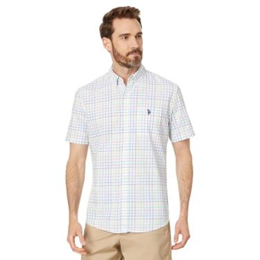 Imagem de U.S. Polo Assn. Camisa masculina de manga curta, caimento clássico, 1 bolso, fio de algodão, tingido, popeline, Branco, GG