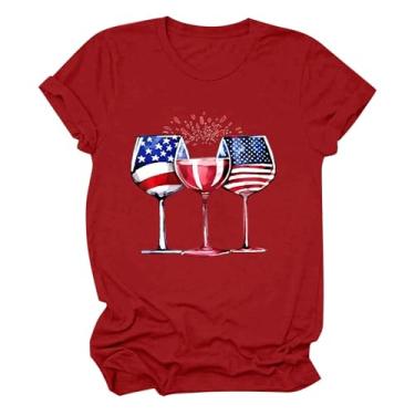 Imagem de Camisetas femininas PKDong de 4 de julho com gola redonda, manga curta, dia independente, estampada, taças de vinho, camisetas de verão 2024, Vermelho, GG