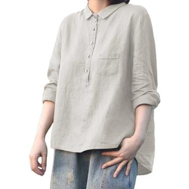 Imagem de Camiseta feminina com gola de lapela casual cor sólida algodão e linho manga longa camisetas casuais grandes, Cinza, M